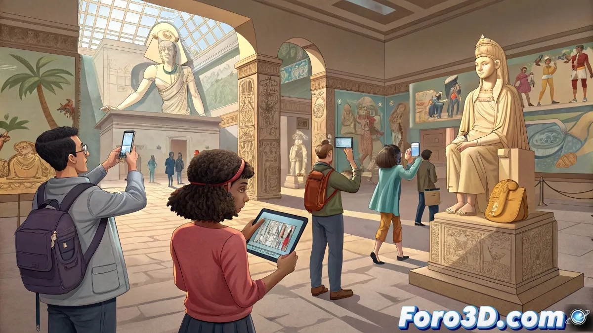 Ilustración futurista que muestra a una persona interactuando con personajes animados en 3D que emergen de una pantalla hacia el espacio real, representando la fusión entre animación y realidad aumentada.