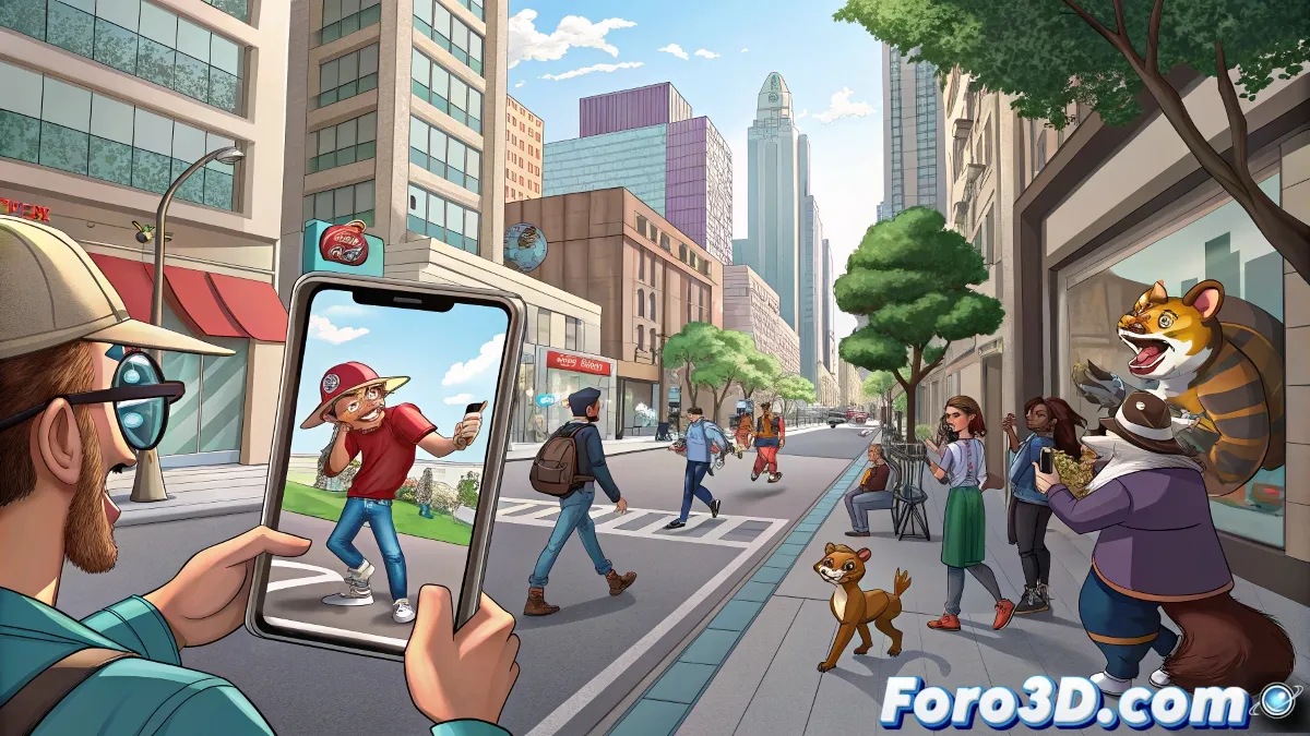 Ilustración futurista que muestra a una persona interactuando con personajes animados en 3D que emergen de una pantalla hacia el espacio real, representando la fusión entre animación y realidad aumentada.