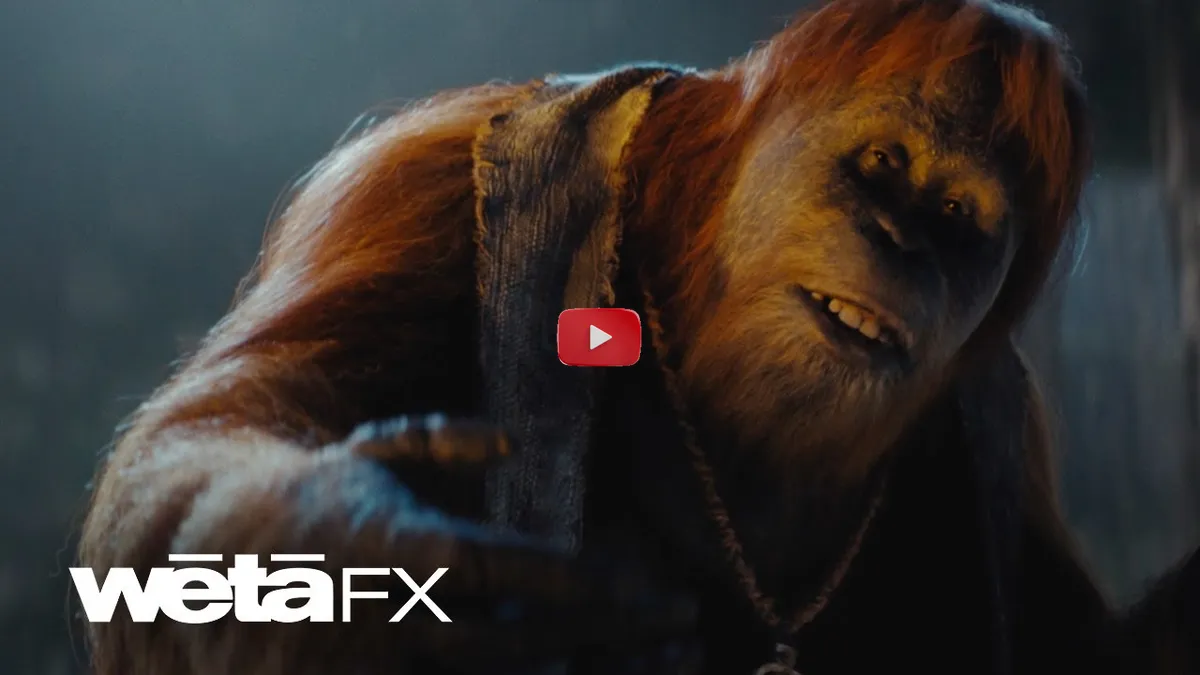 Primer plano de Raka, el orangután digital de Kingdom of the Planet of the Apes, con un pelaje detallado y expresiones realistas que transmiten emoción.