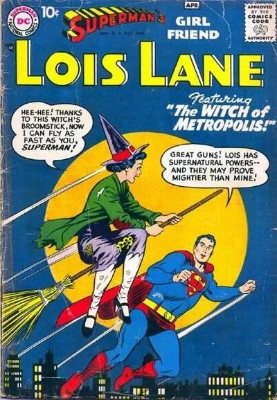 Ilustración de Lois Lane escribiendo en su computadora mientras Superman vuela fuera de la ventana de la oficina del Daily Planet.