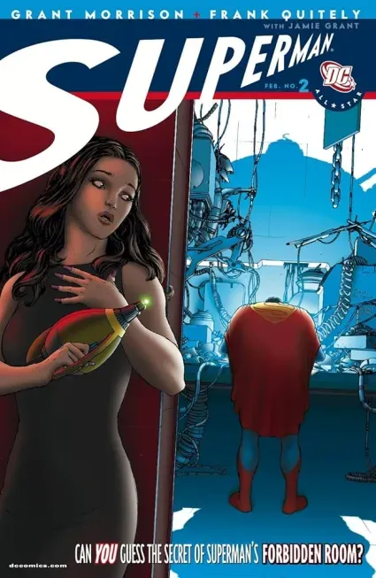 Ilustración de Lois Lane escribiendo en su computadora mientras Superman vuela fuera de la ventana de la oficina del Daily Planet.