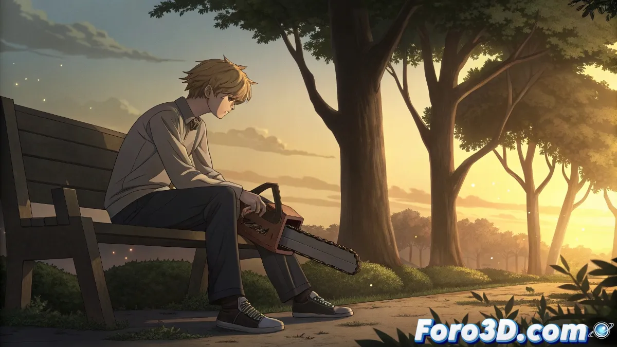 Denji con sus brazos de motosierra enfrentando demonios, mientras hologramas de circuitos y códigos flotan alrededor representando su transformación cyborg.