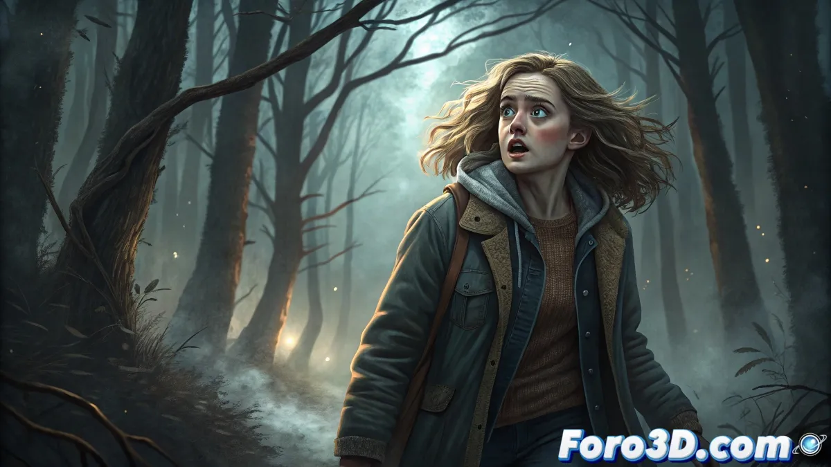 Lucy con sus cuernos visibles y mirada ambigua, entre lágrimas y furia, con hologramas de códigos binarios flotando alrededor.