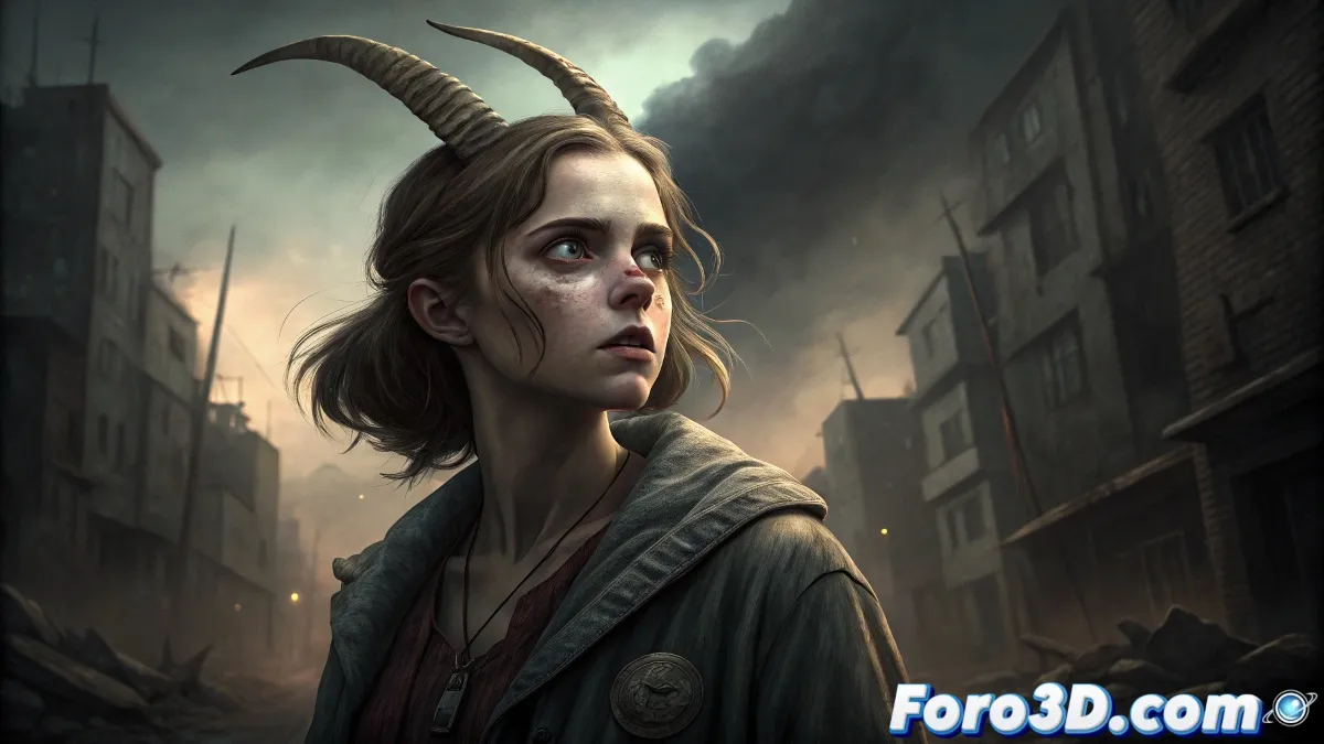 Lucy con sus cuernos visibles y mirada ambigua, entre lágrimas y furia, con hologramas de códigos binarios flotando alrededor.