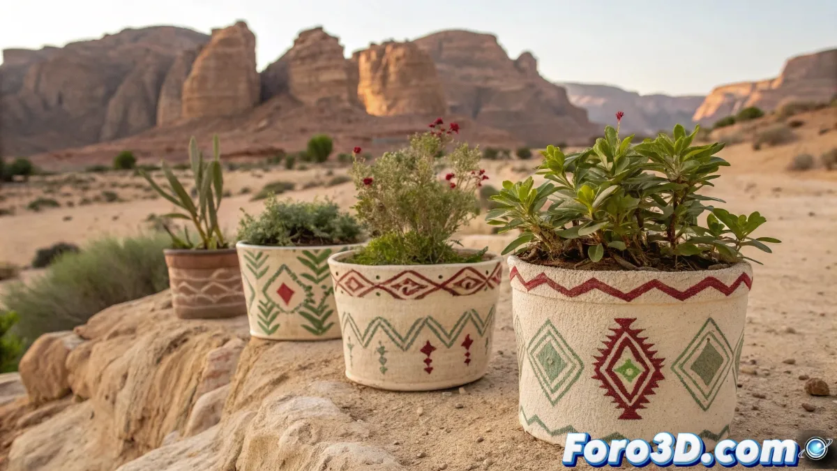 Macetas biodegradables impresas en 3D en AlUla, combinando tecnología y artesanía tradicional, como parte de una exposición que celebra la sostenibilidad y el arte.