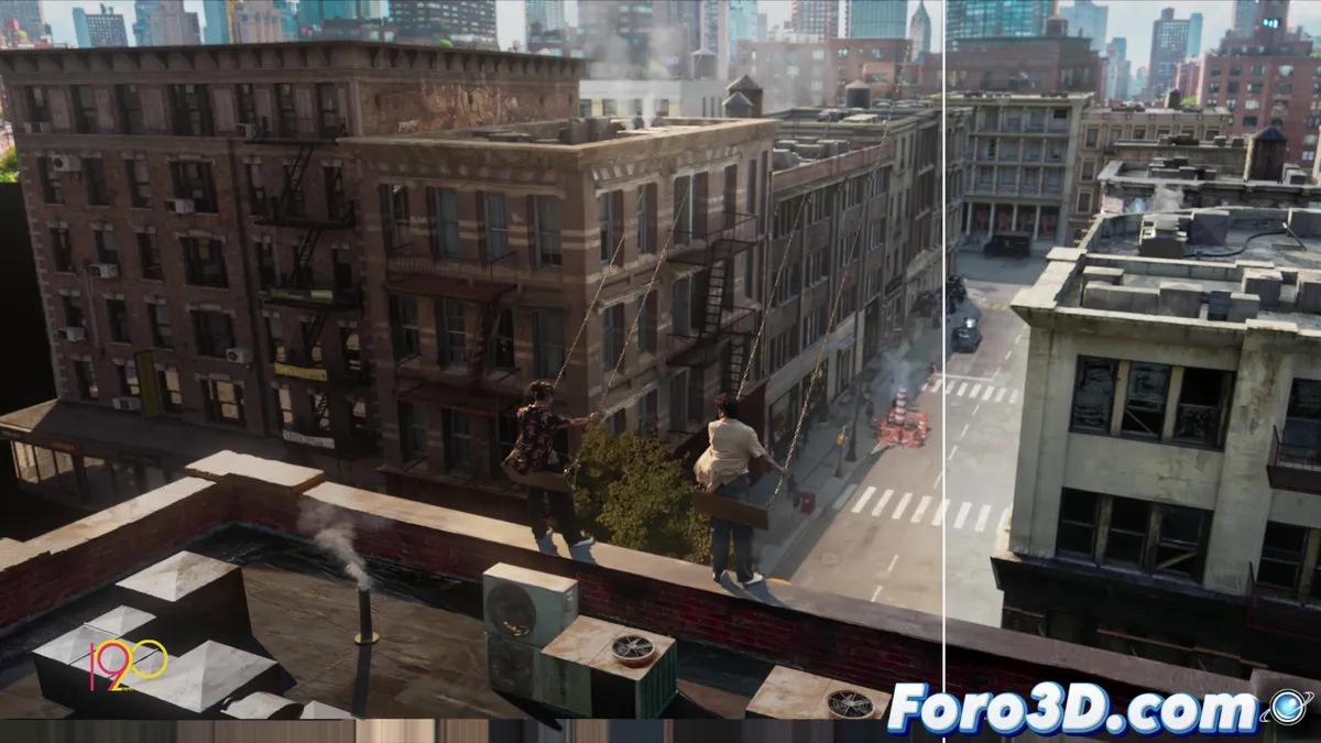 Artista digital trabajando en una composición de efectos visuales imperceptibles con monitores mostrando antes y después de una escena cinematográfica.