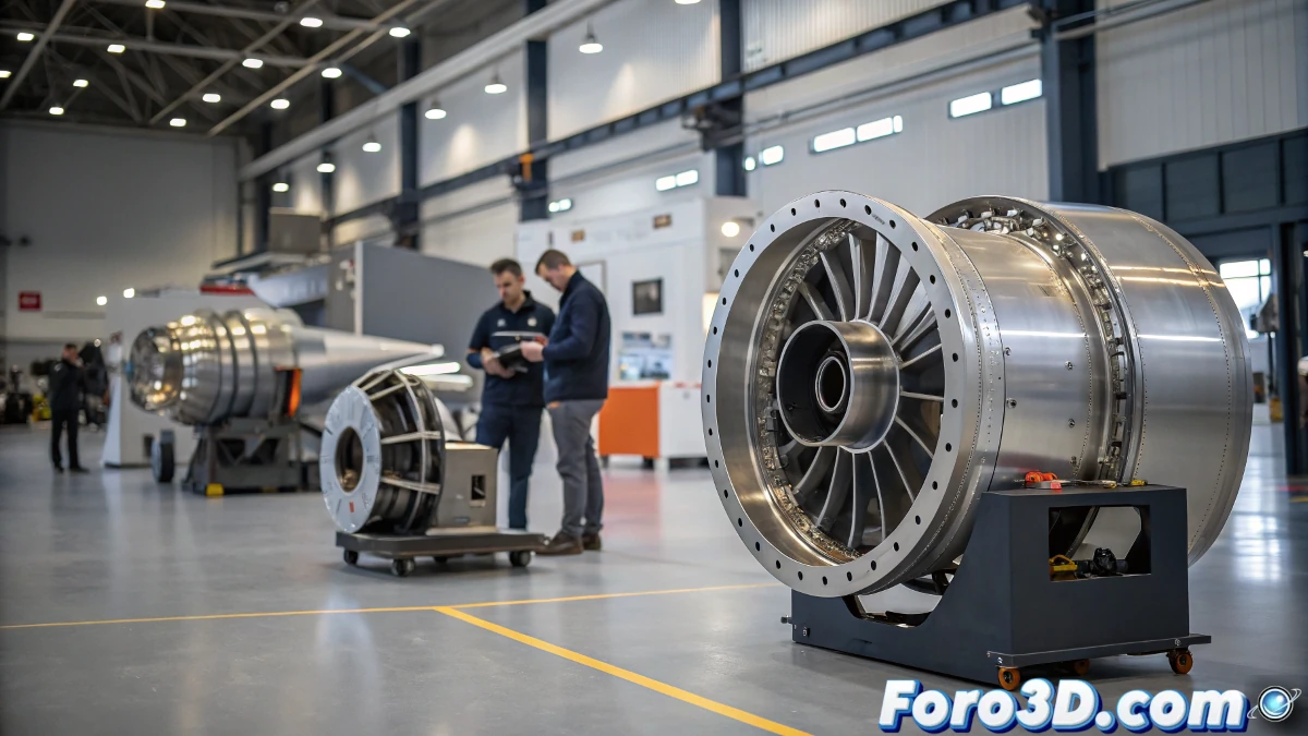 Imagen de piezas aeroespaciales impresas en 3D, con detalles metálicos y un entorno industrial avanzado, destacando la precisión y calidad de la fabricación aditiva.