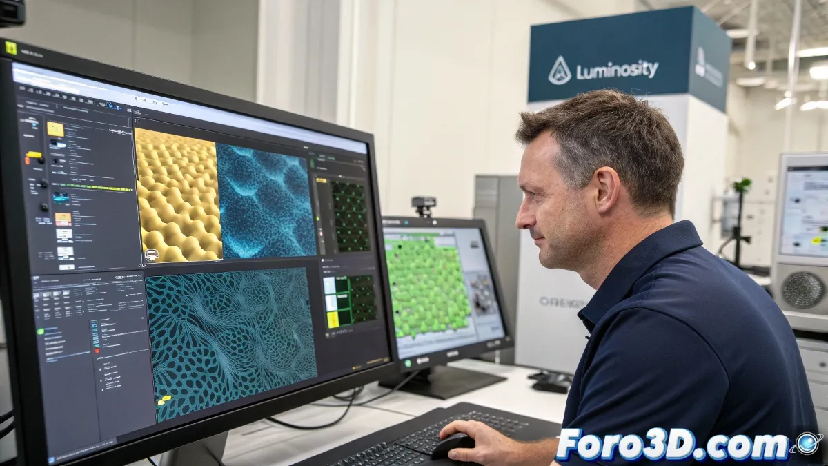 Imagen técnica mostrando superficies 3D con texturas avanzadas y opciones de mezcla, en interfaz profesional con tonos azules y verdes.