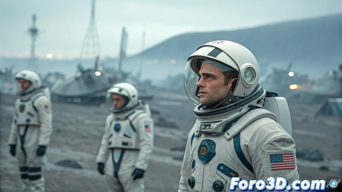 Imagen del protagonista de Mickey 17 en un entorno espacial, con un traje de astronauta y un fondo de estrellas, reflejando la temática de clonación y exploración.