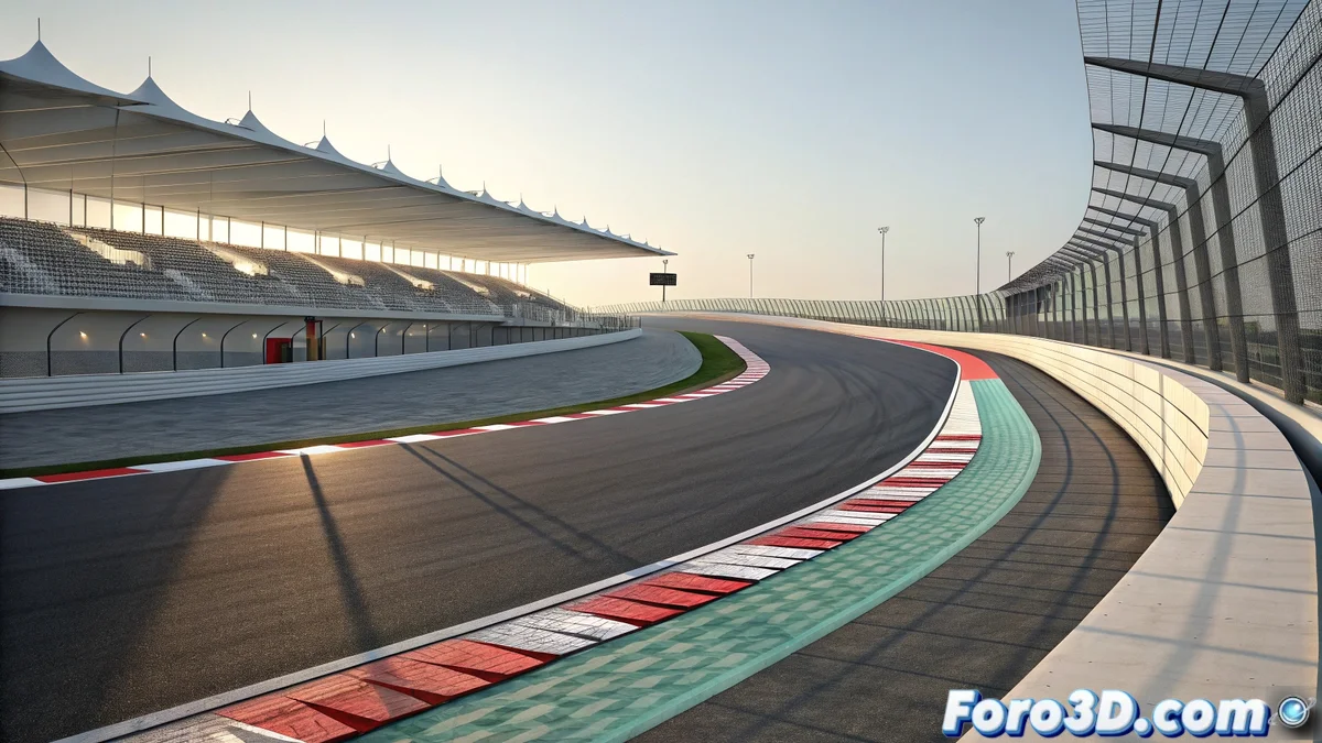 Vista superior de una pista de carreras modelada en 3ds Max, mostrando el trazado definido por splines y el volumen extrudido con bordillos.