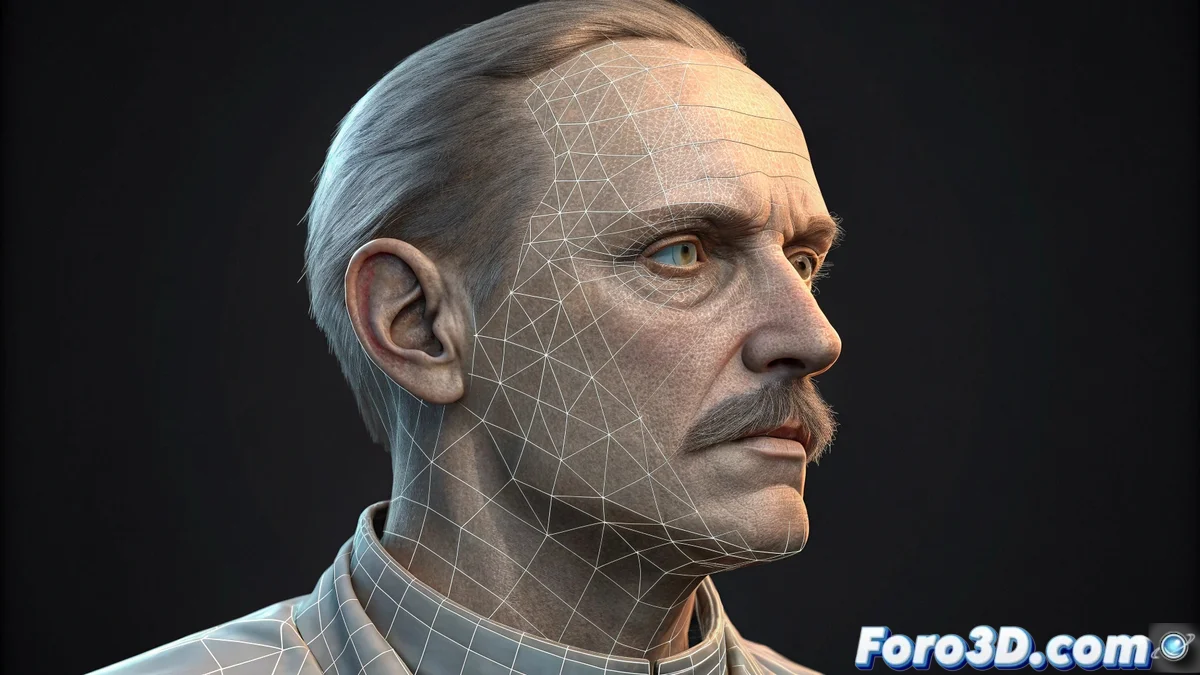 Personaje 3D en 3ds Max mostrando el modificador Morpher en la cabeza y un sistema de pelo independiente adaptándose a las deformaciones faciales.