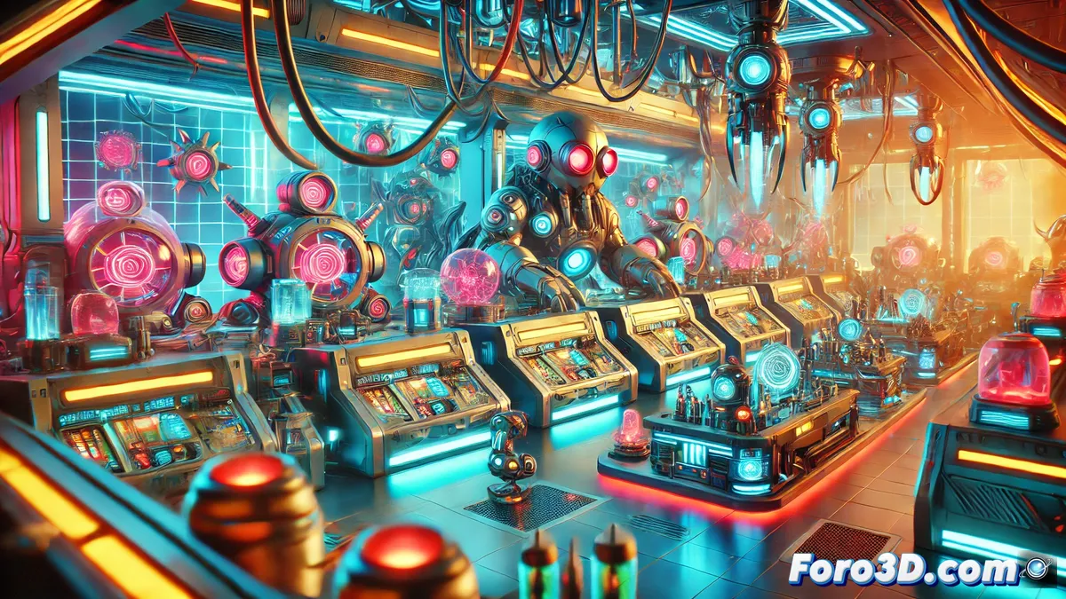 Laboratorio futurista con criaturas híbridas y tecnología avanzada, inspirado en la serie animada de MrBeast Lab, con luces brillantes y una atmósfera vibrante.