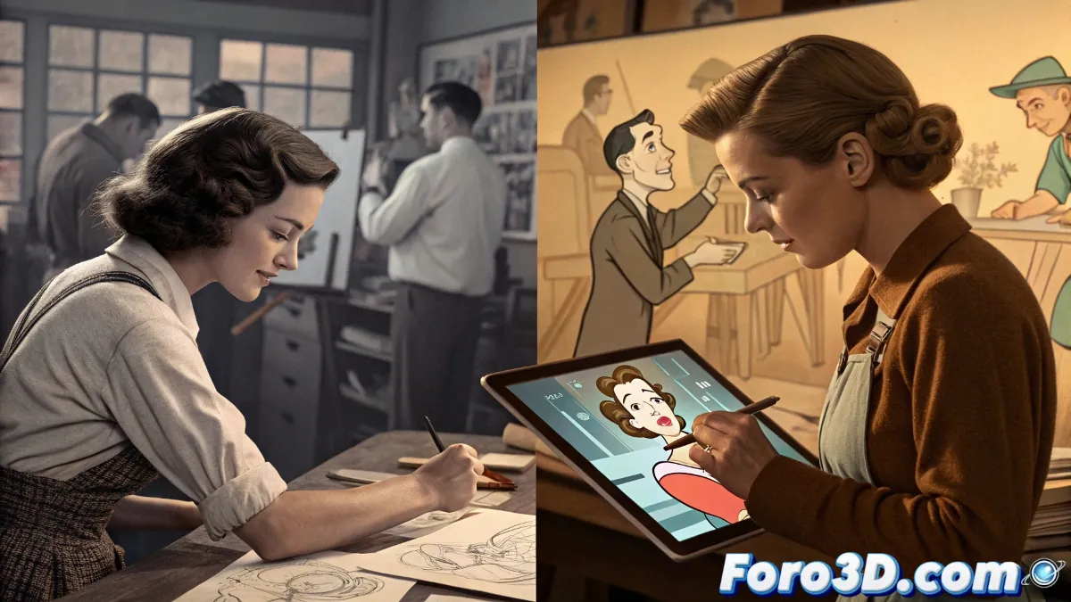 Ilustración que muestra un equipo diverso de animadores trabajando colaborativamente, con especial énfasis en la representación femenina en roles técnicos y creativos.