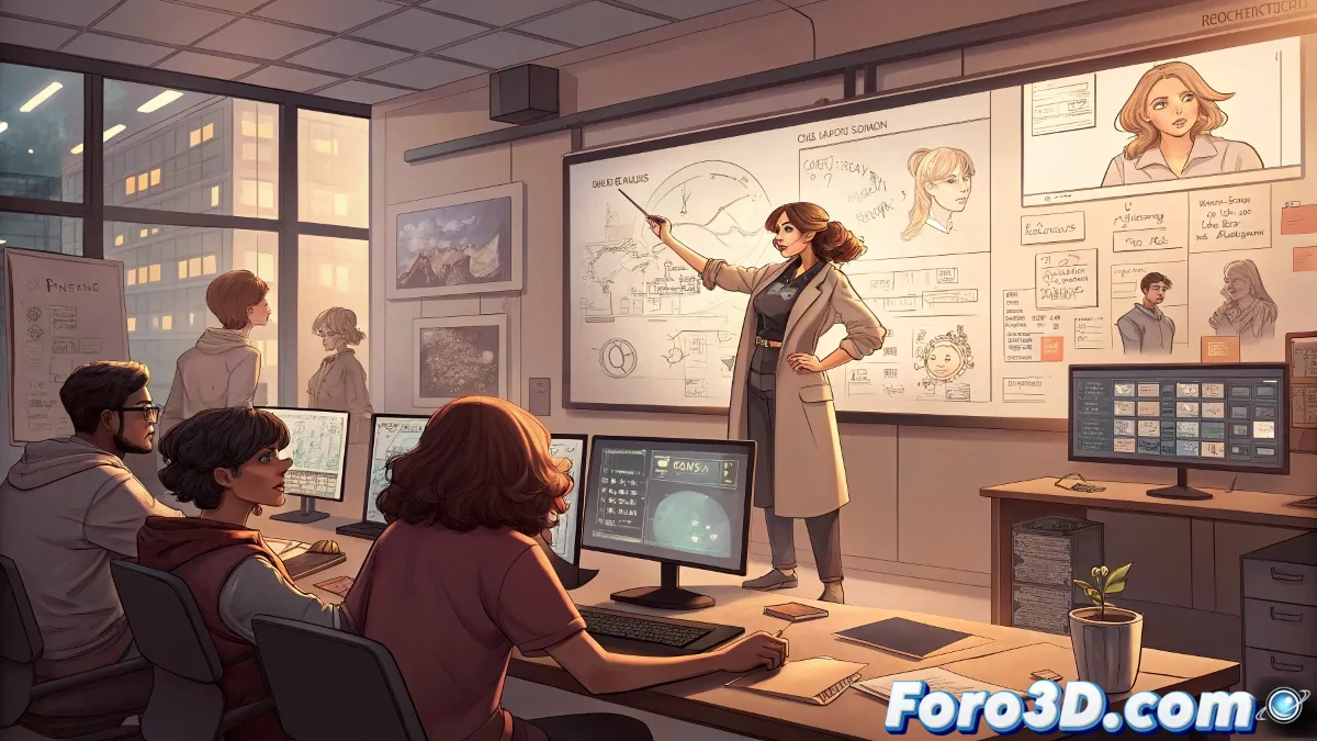 Ilustración que muestra un equipo diverso de animadores trabajando colaborativamente, con especial énfasis en la representación femenina en roles técnicos y creativos.