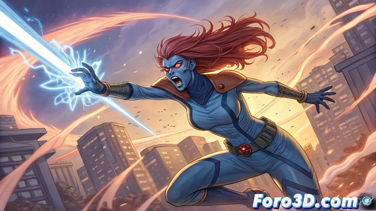Mystique en pose de combate, transformando su brazo en arma mientras su piel azul brilla bajo luces tenues.