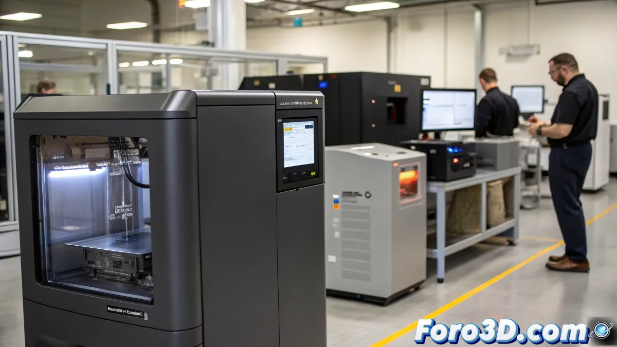 Impresora 3D SLA de gran formato en una fábrica, mostrando detalles de piezas complejas y proceso de fabricación automatizado.