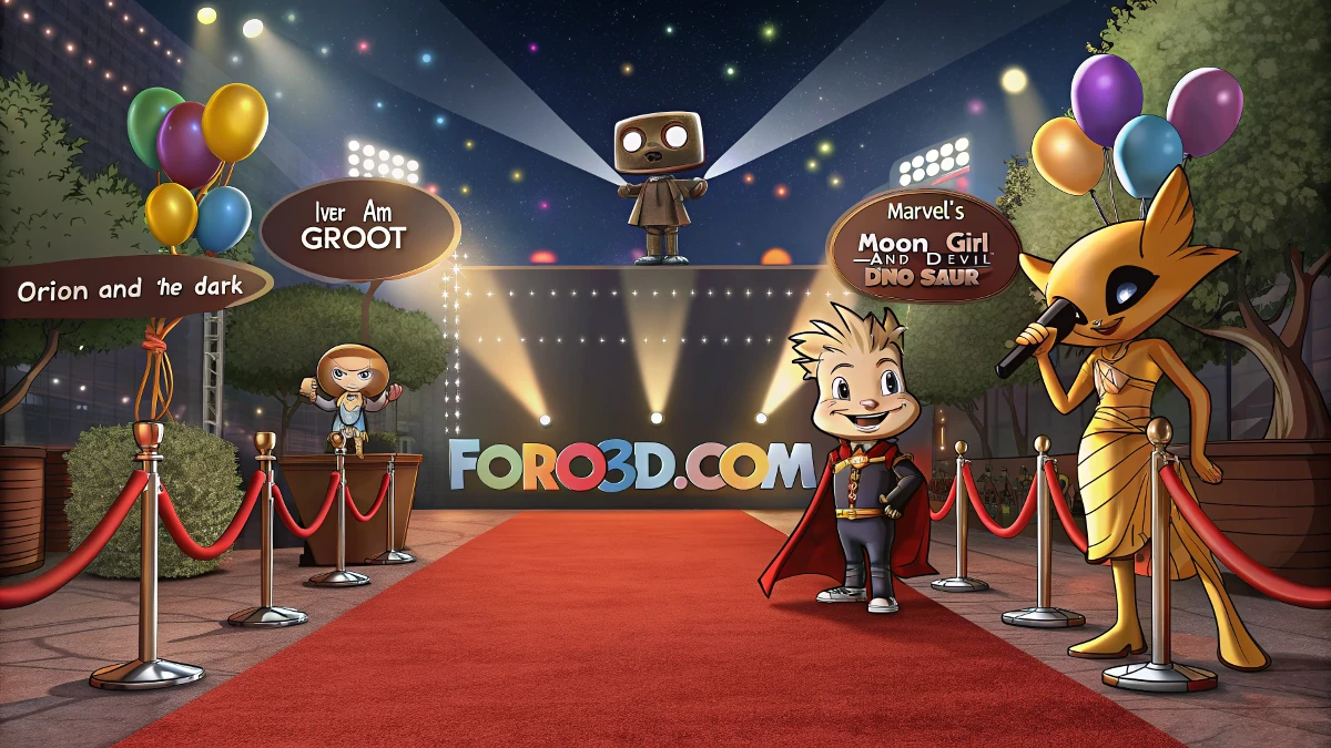 Una escena glamurosa de una ceremonia de premios, con una alfombra roja brillante y estrellas de la animación y el entretenimiento infantil posando para fotos. En el fondo, un escenario iluminado con pantallas que muestran clips de series animadas nominadas.