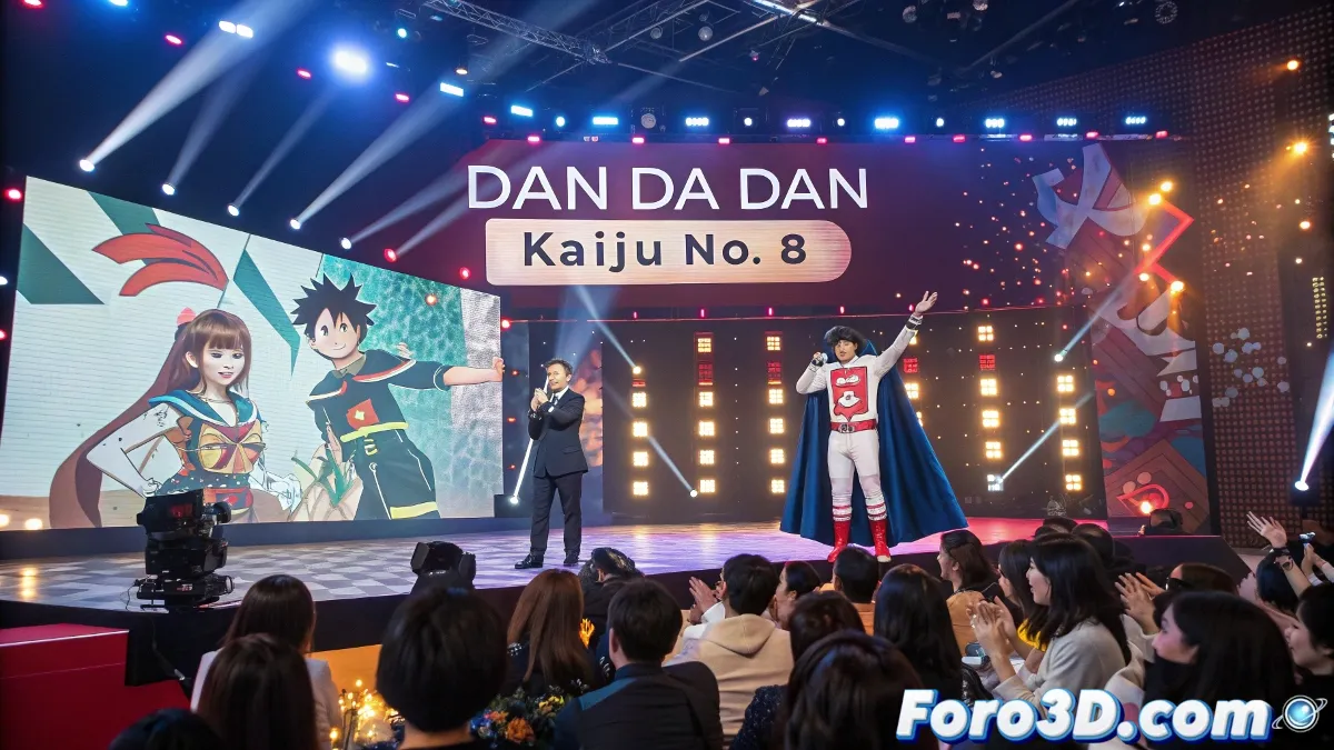 Escenario de los Crunchyroll Anime Awards con pantallas mostrando clips de series nominadas y el trofeo característico iluminado en primer plano.