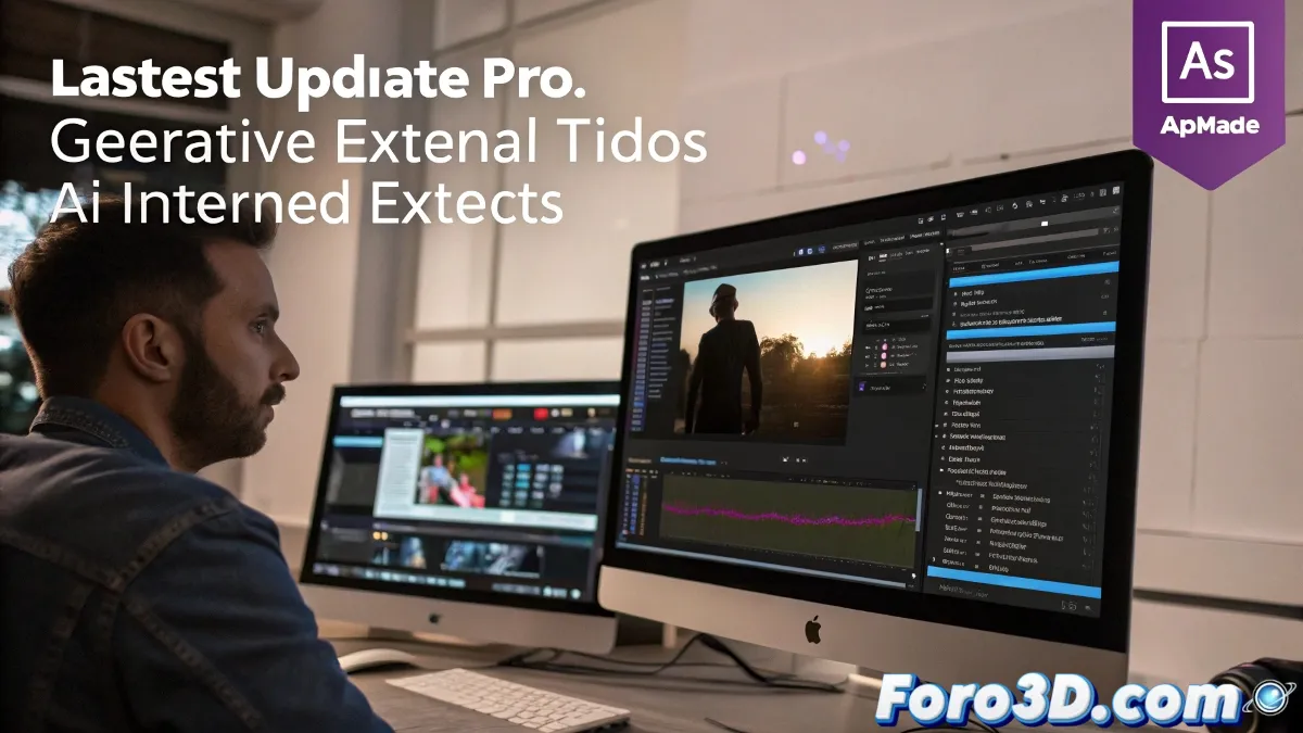 Interfaz de Premiere Pro mostrando las nuevas herramientas de IA en acción con un editor trabajando en una línea de tiempo con clips extendidos automáticamente.
