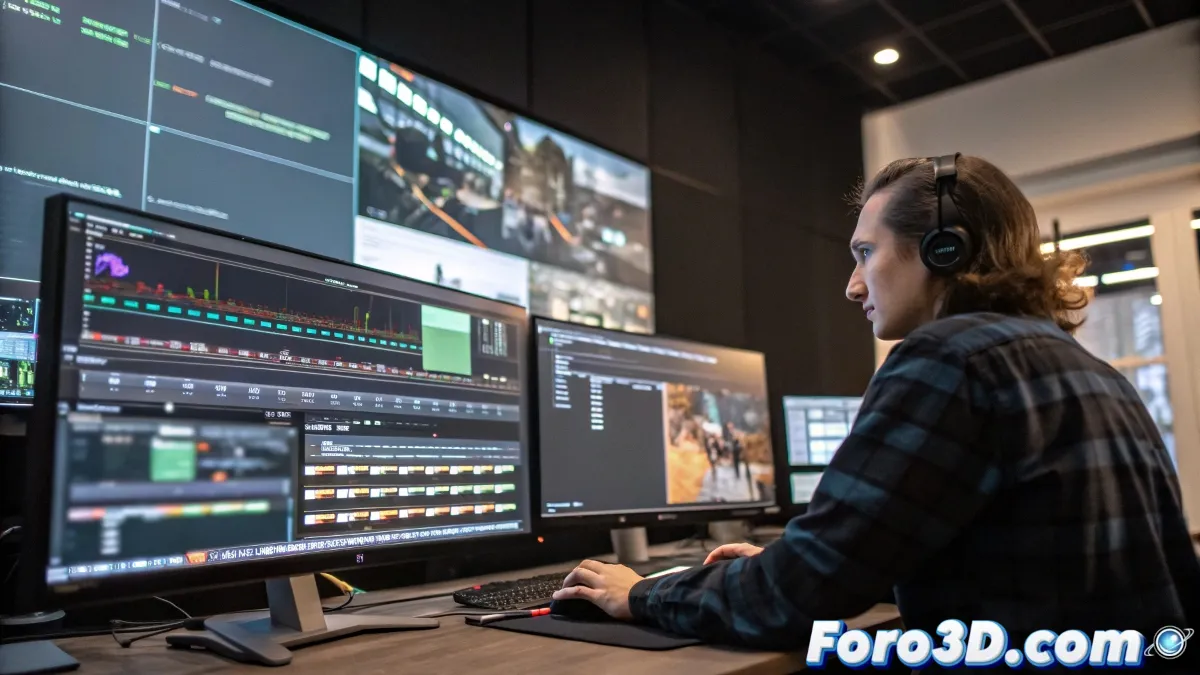 Interfaz de Premiere Pro mostrando las nuevas herramientas de IA en acción con un editor trabajando en una línea de tiempo con clips extendidos automáticamente.