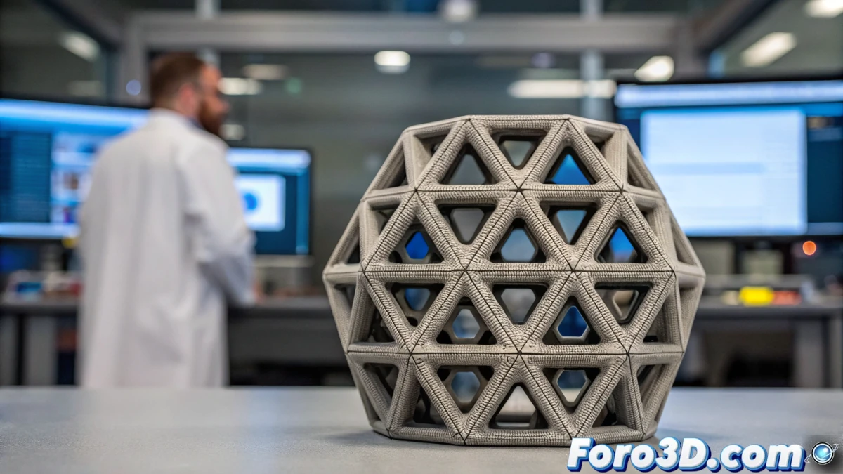 Estructura impresa en 3D con diseño irregular mejorado, mostrando su resistencia a la fractura en una prueba de tensión dentro de un laboratorio de materiales avanzados.