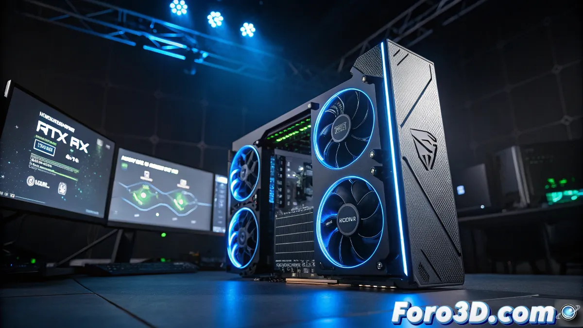 Tarjeta gráfica NVIDIA RTX PRO Blackwell en una estación de trabajo moderna, mostrando detalles de núcleos CUDA, Tensor y RT.