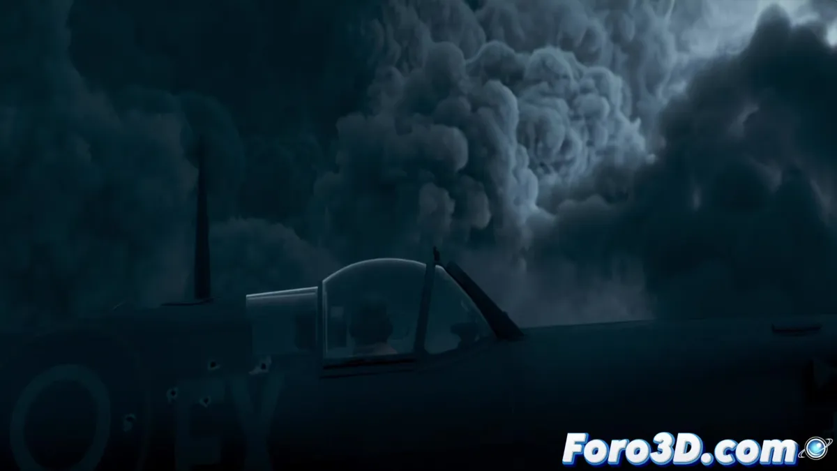 Avión de combate sobre Normandía con flashbacks infantiles en estilo animado, mostrando contraste entre guerra y paz con efectos visuales realistas