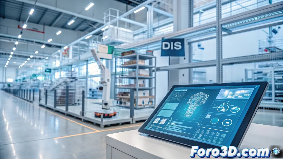 Interfaz holográfica de control industrial mostrando diagramas 3D de producción, con un brazo robótico trabajando en fondo y gráficos de datos flotando en una fábrica inteligente.