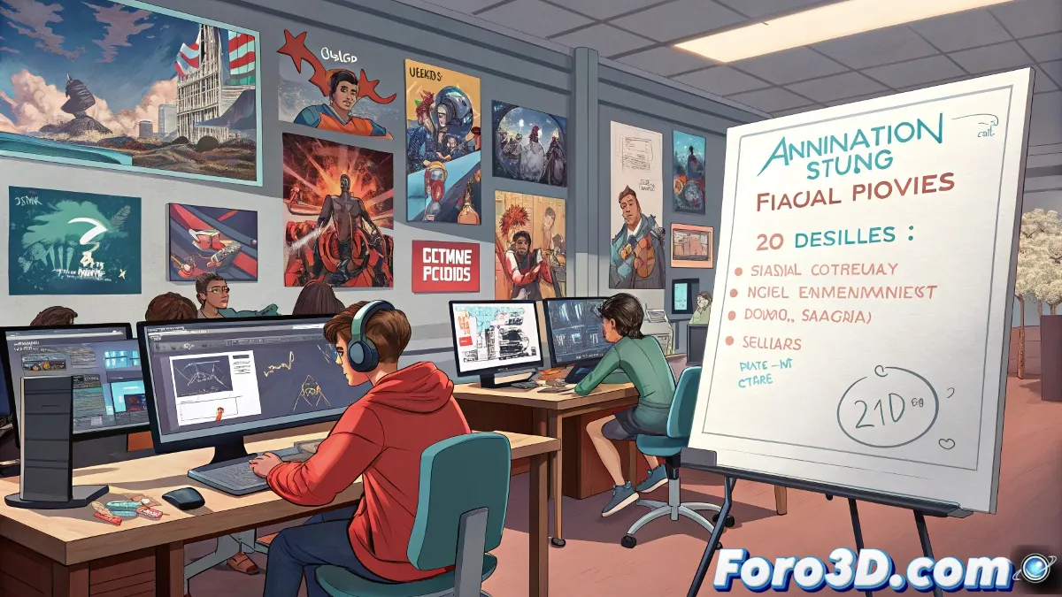 Ilustración conceptual que muestra un mapa mundial con estudios de animación conectados por líneas que representan flujos de talento e inversión, influenciados por iconos de políticas públicas.