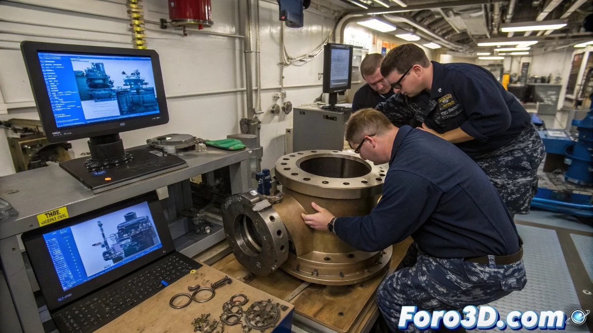 Conjunto de válvulas impreso en 3D instalado en el portaaviones Enterprise, mostrando su diseño innovador y su impacto en la construcción naval moderna.