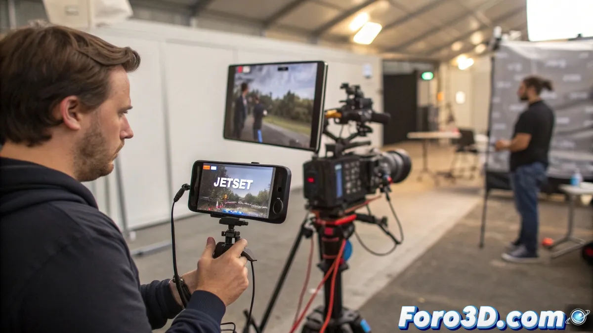 Un cineasta usando un smartphone montado en un estabilizador profesional, con interfaz de producción virtual visible en pantalla y entorno 3D renderizado en tiempo real de fondo.