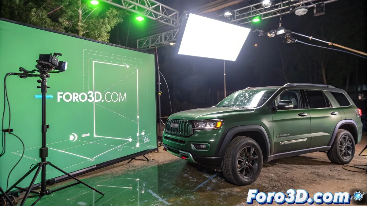 Fotografía de un set de filmación moderno con pantallas LED curvas mostrando un entorno digital, mientras el equipo técnico trabaja en la producción de una escena.