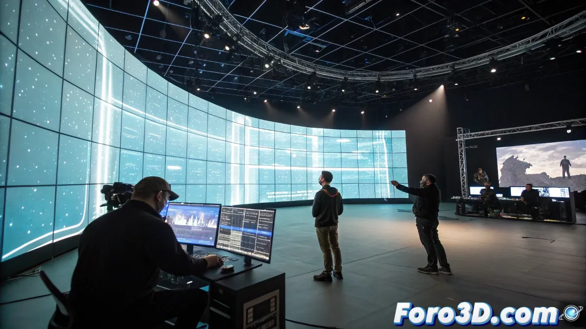 Fotografía de un set de filmación moderno con pantallas LED curvas mostrando un entorno digital, mientras el equipo técnico trabaja en la producción de una escena.