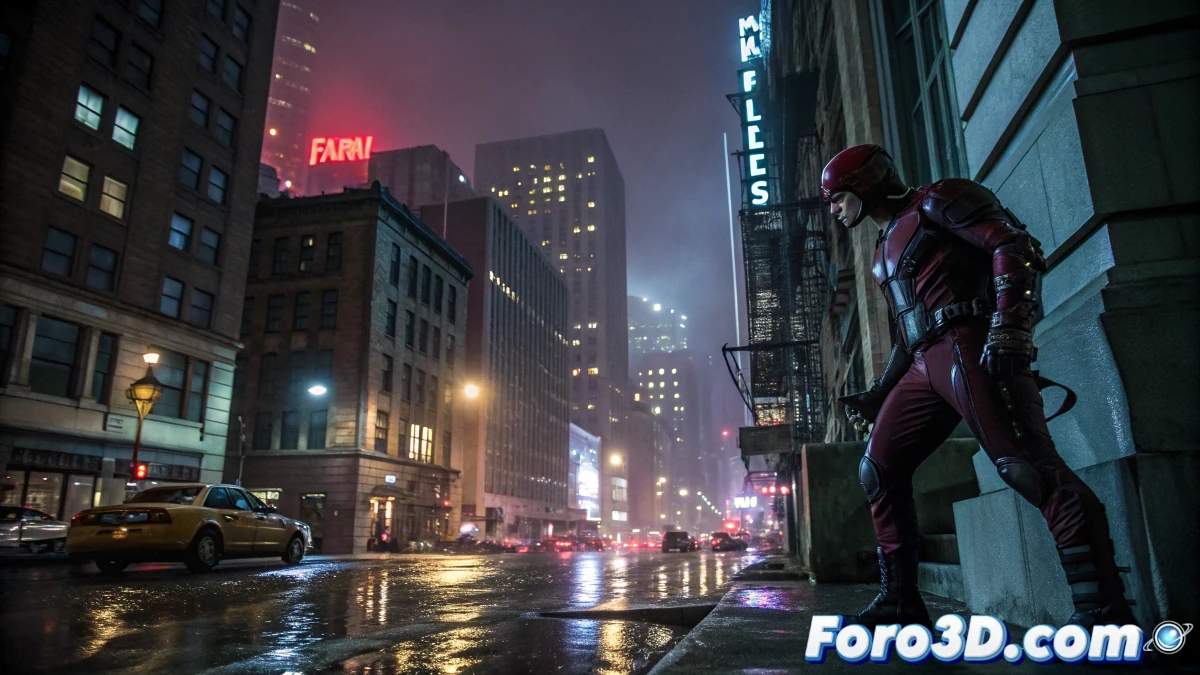 Ilustración realista de Daredevil en un callejón lluvioso de Hell’s Kitchen. Reflejos de luces neón en charcos, ambiente oscuro con niebla sutil. Pose de combate con su traje rojo, sombras dinámicas acentuadas por la iluminación urbana. Edificios y grafitis en el fondo, resaltando el tono sombrío de la serie.
