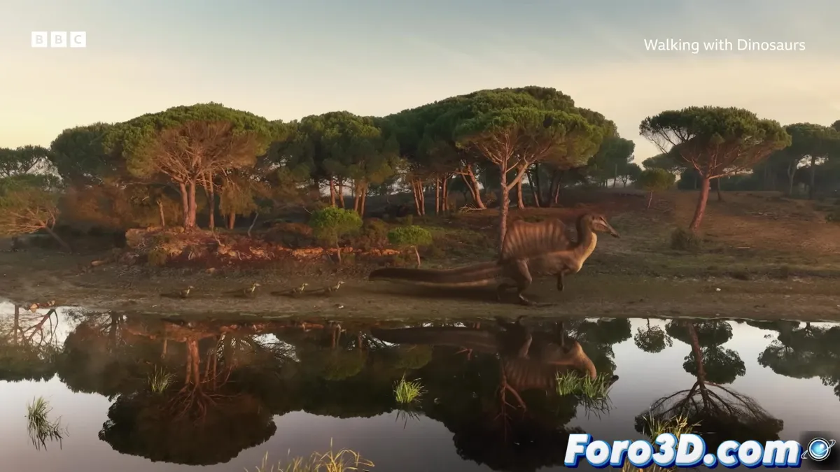 Imagen generada por IA de un tiranosaurio rex en un entorno prehistórico, mostrando detalles realistas de piel, plumas y movimiento, creada para la nueva serie documental.