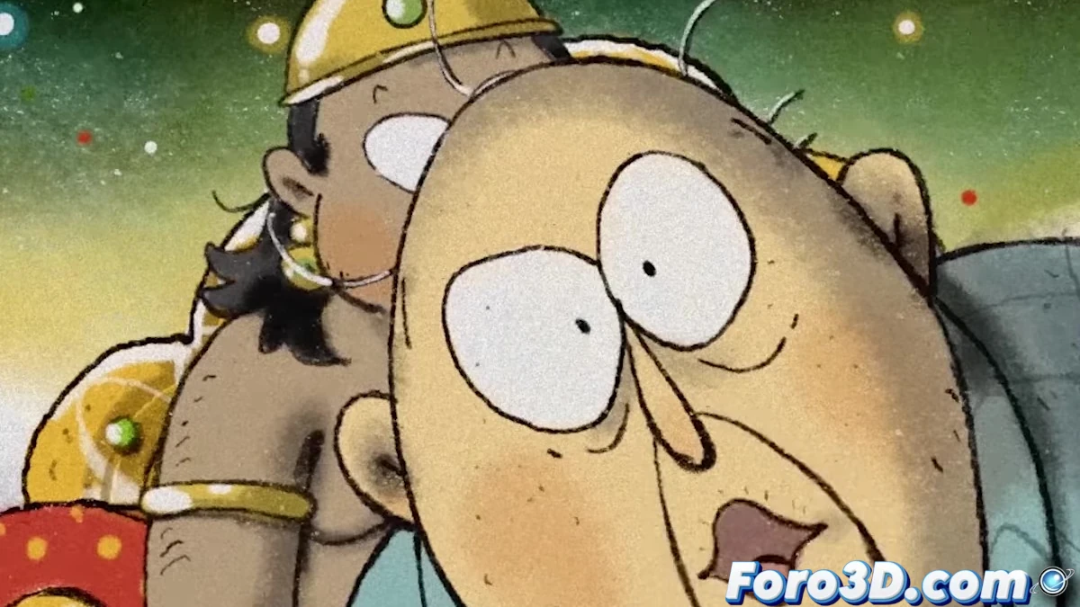 Animación tradicional con personajes expresivos y fondos estrellados que evocan un relato fantástico entre lo onírico y lo folclórico.