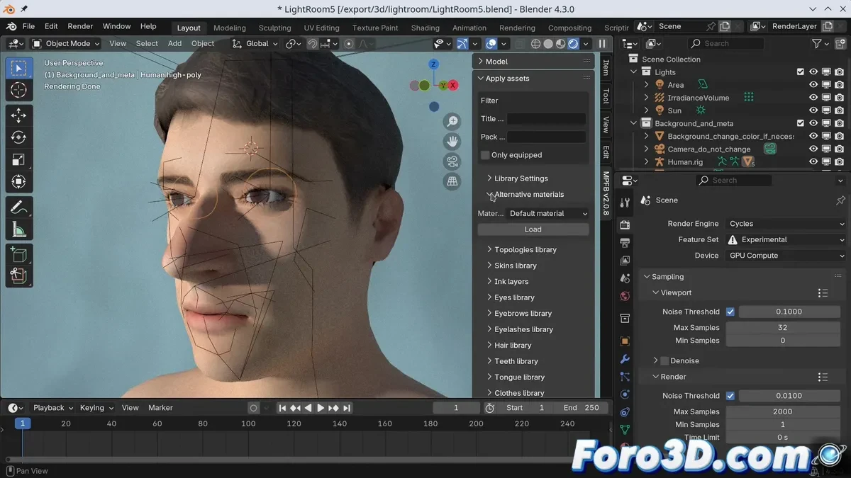 Artista creando personajes 3D realistas con MPFB 2 en Blender, mostrando texturas y ropa detalladas.