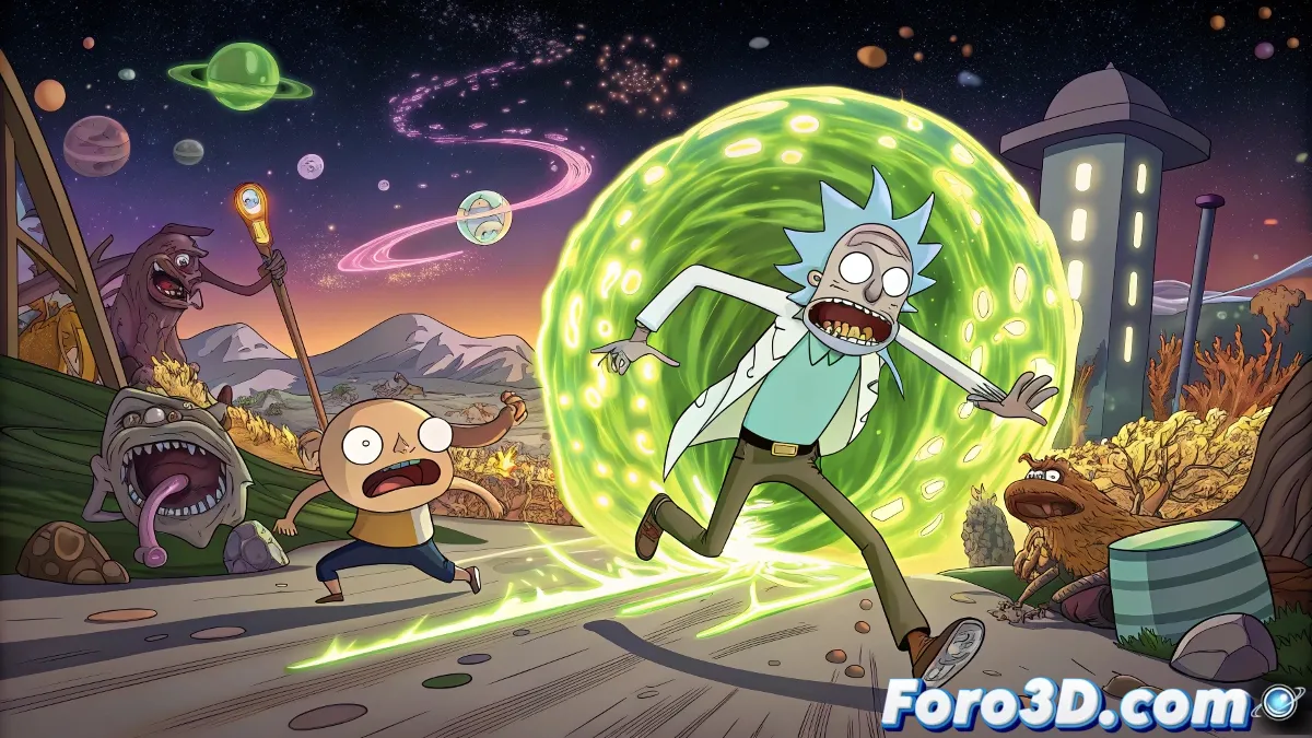 Rick activando su último recurso dentro de una máquina colosal en una dimensión en ruinas.