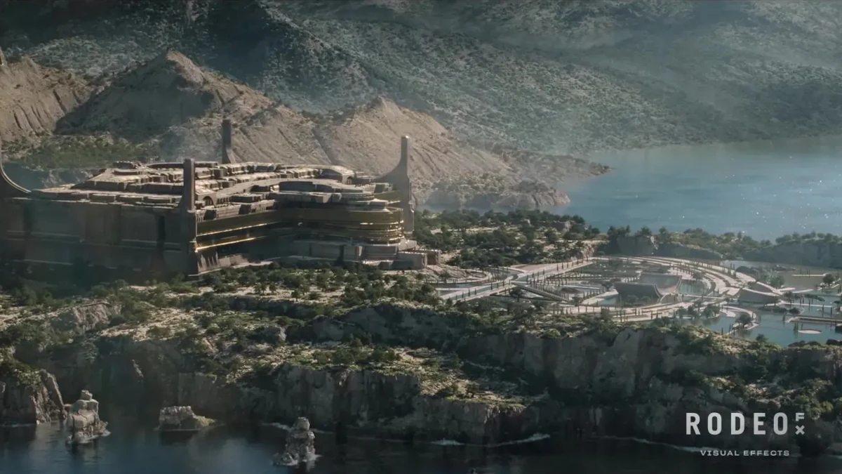 Palacio Imperial de Kaitain en Dune: Profecía, mostrando jardines lujosos, monumentos majestuosos y un vasto océano generado por computadora.