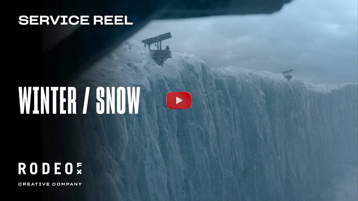 Paisaje nevado con ventisca dinámica, donde la nieve se acumula en árboles y personajes, resaltando el realismo visual de Rodeo FX en el cine.