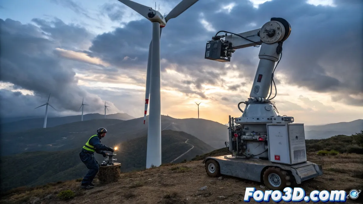 Robot colaborativo en exteriores con protección avanzada en sus articulaciones, operando bajo condiciones climáticas adversas con sellos de alta resistencia.
