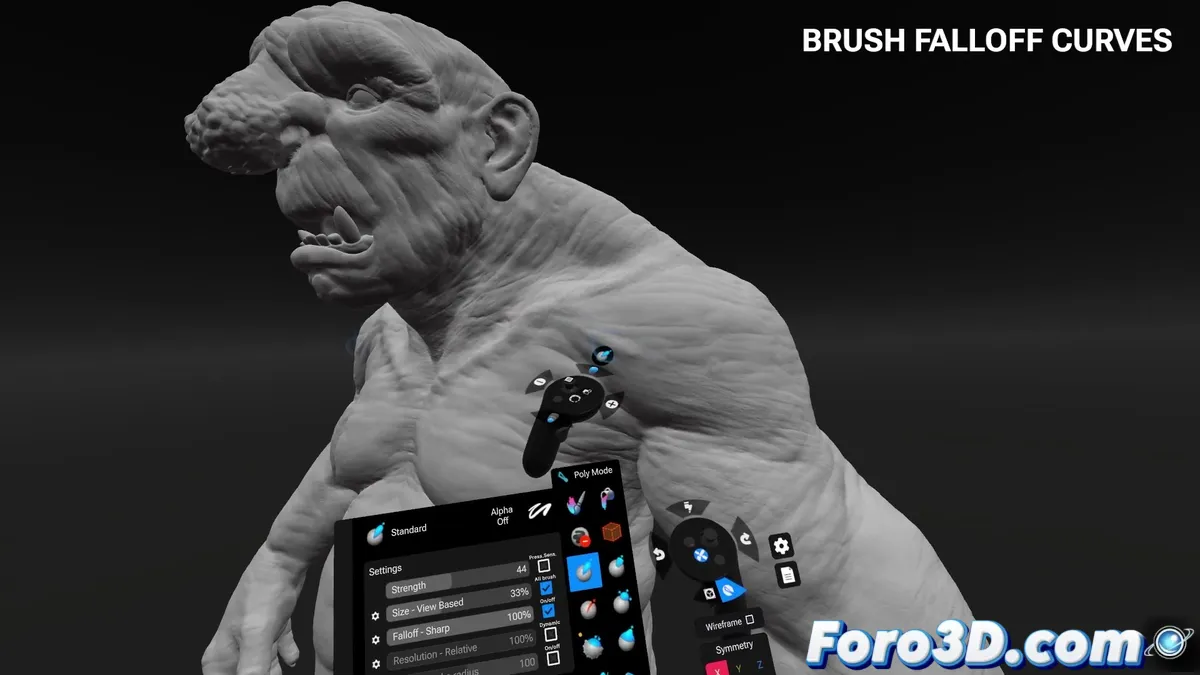 Artista utilizando Shapelab en realidad virtual para esculpir modelo 3D con herramientas voxel y tradicionales en un espacio de trabajo digital.