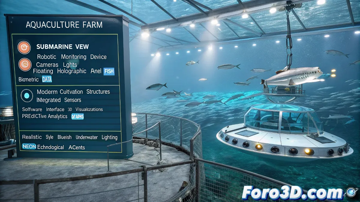 Granja acuícola futurista con dispositivos de monitoreo submarino, pantallas holográficas mostrando modelos 3D de peces y datos en tiempo real, en un entorno tecnológico azulado.