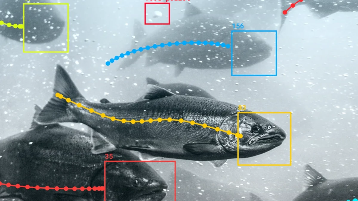 Granja acuícola futurista con dispositivos de monitoreo submarino, pantallas holográficas mostrando modelos 3D de peces y datos en tiempo real, en un entorno tecnológico azulado.