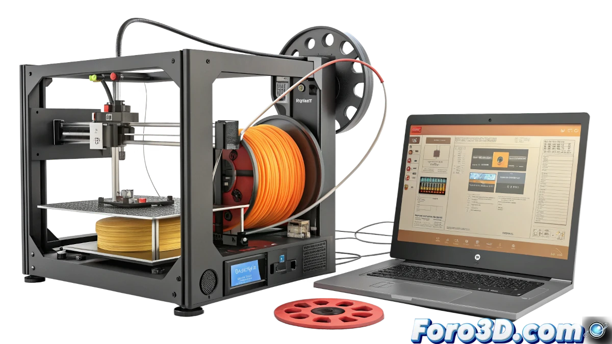 Imagen que muestra una impresora 3D con filamento rezumando de la boquilla, junto a herramientas de ajuste como software de corte y una boquilla nueva.