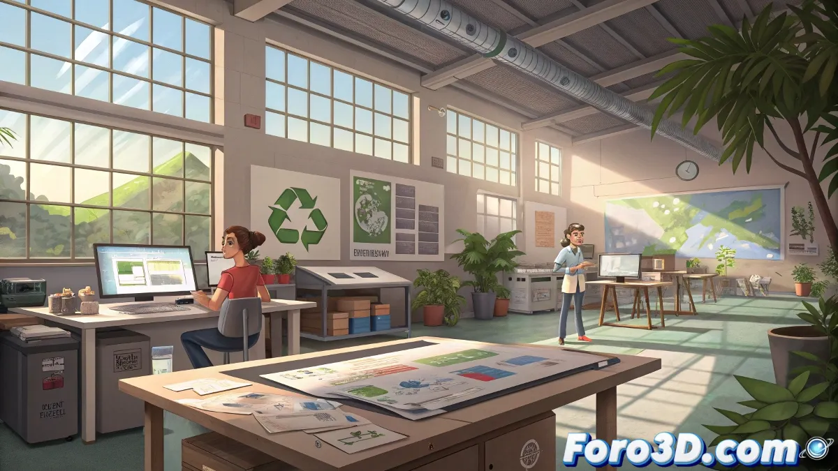 Ilustración conceptual que muestra un estudio de animación ecológico con paneles solares, equipos eficientes y artistas trabajando en proyectos con temática ambiental.