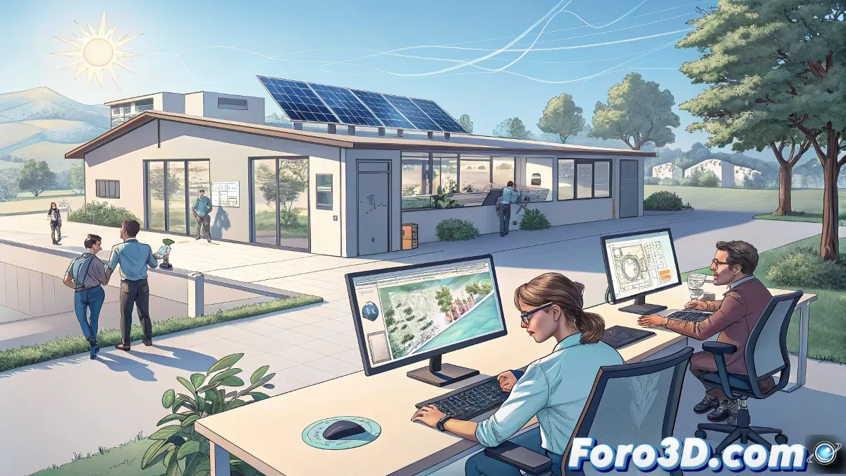 Ilustración conceptual que muestra un estudio de animación ecológico con paneles solares, equipos eficientes y artistas trabajando en proyectos con temática ambiental.