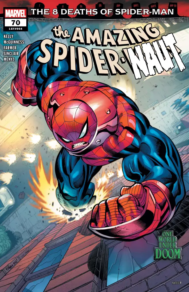 Spider-Man como Juggernaut carmesí luchando contra el Blight cósmico, con los X-Men de fondo y energía mística irradiando