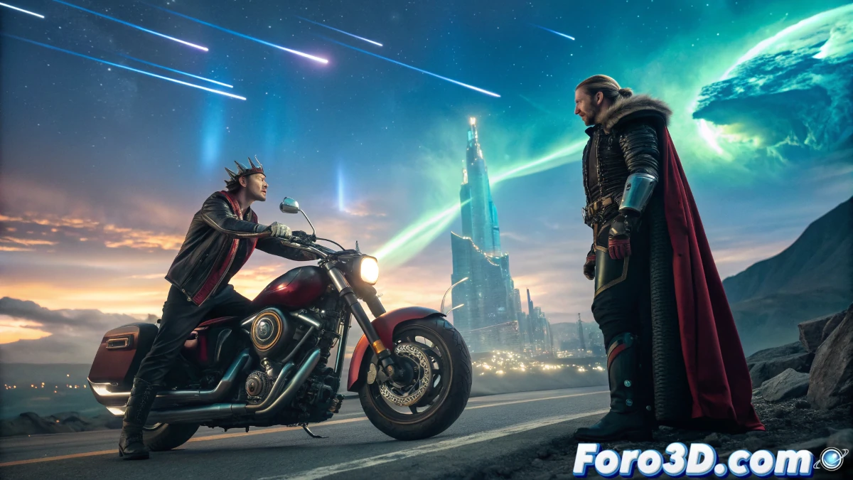 Imagen promocional de Split Fiction, mostrando una escena de acción con personajes de mundos opuestos y una motocicleta futurista en un entorno de fantasía.