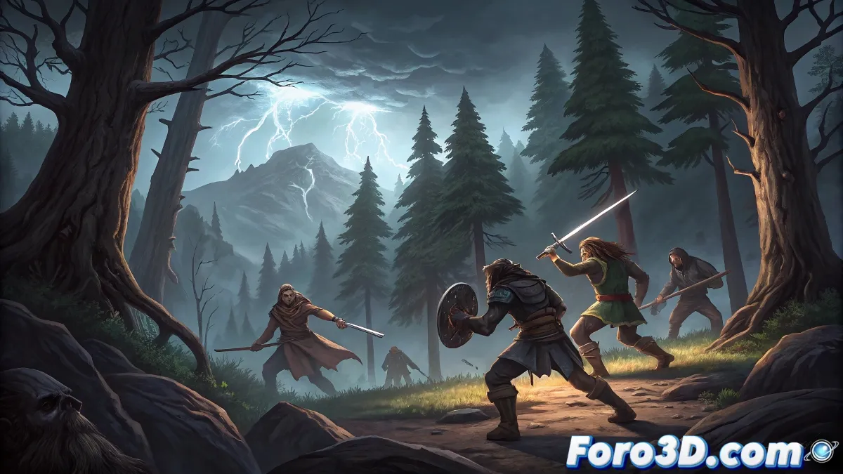 El grupo de protagonistas de Grimgar en formación de combate, con expresiones tensas y el paisaje sombrío del mundo hostil al fondo.